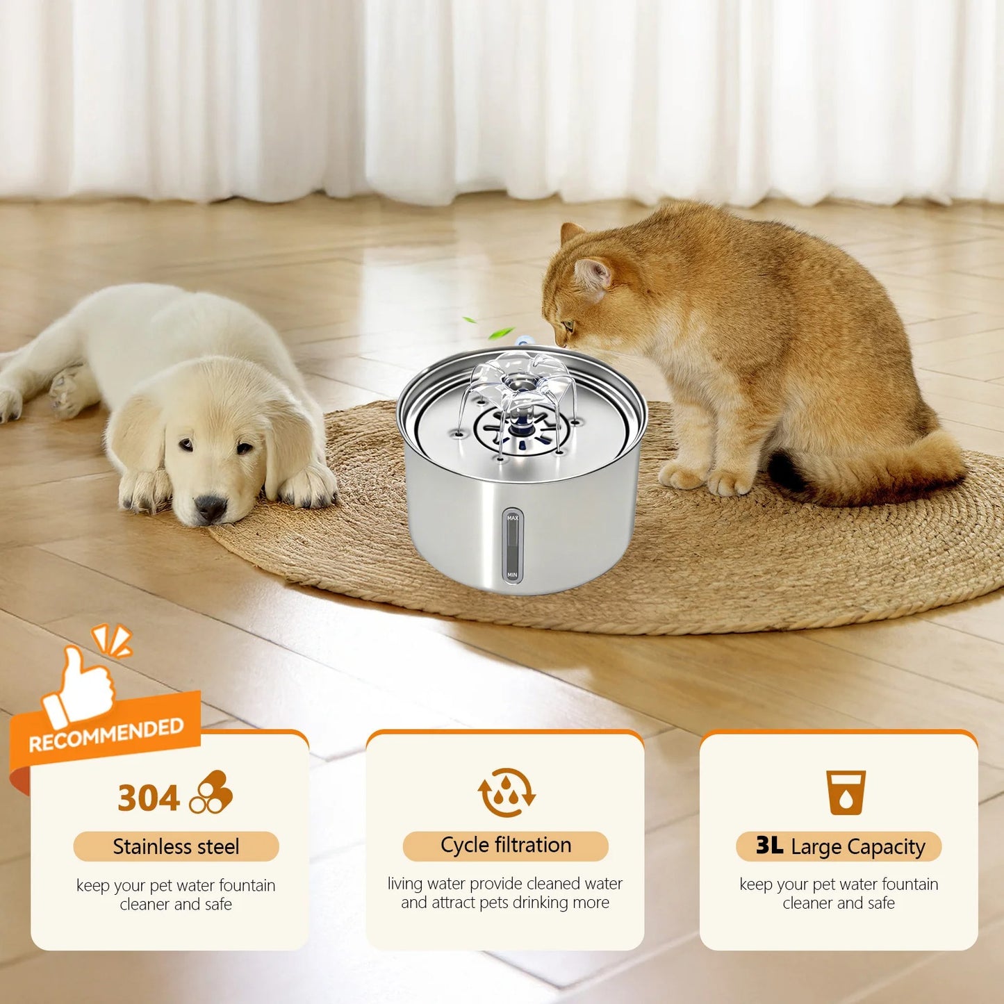 Stainless Steel Pet Water Fountain Cat Automatic Water Feeder USB Electric Mute for Cat Dog Filter Fountain Smart Drinking Bowl