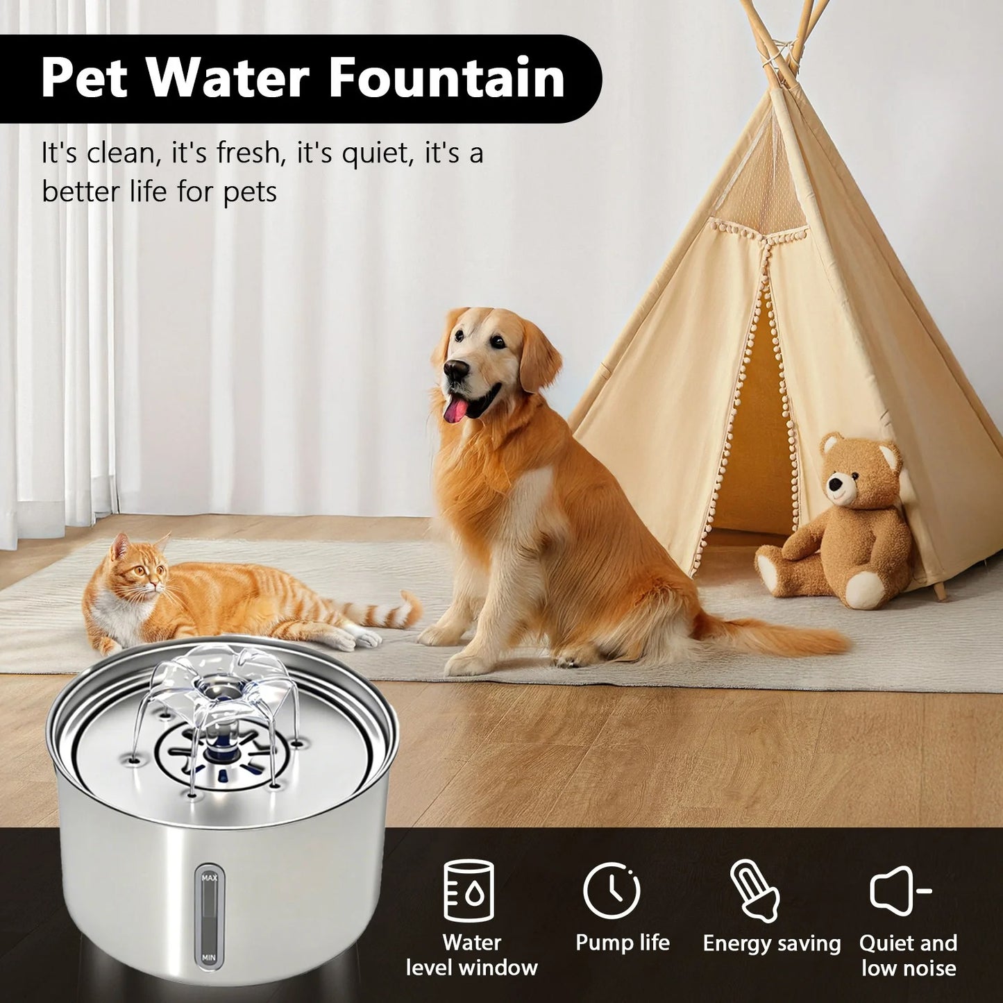 Stainless Steel Pet Water Fountain Cat Automatic Water Feeder USB Electric Mute for Cat Dog Filter Fountain Smart Drinking Bowl