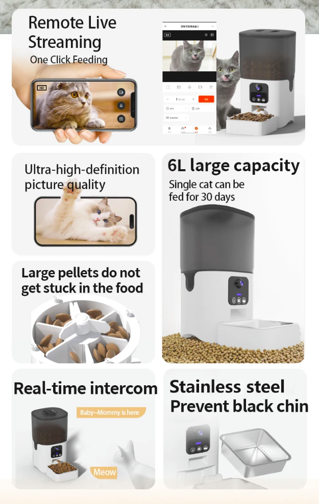 Cat automatic feeder visual cat food dog food wifi intelligent timed quantitative pet food dispenser 6L video model cat
