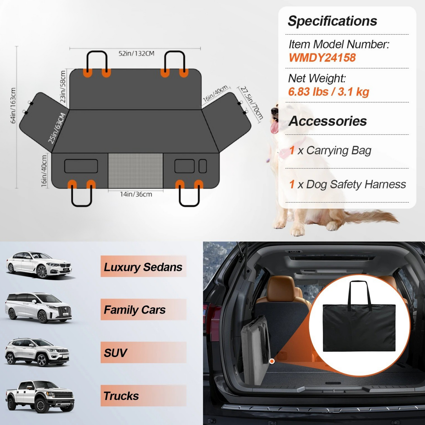 SucceBuy Back Seat Extender Dog Car Seat Cover for Back Seat Bed with Mesh Window and Storage Pocket Supports 350lbs Dog Hammock