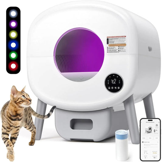 Self Cleaning Cat Litter Box: Extra Large Automatic Litter Box for Multiple Cats, OdorFree, AppControlled, Ambient Light Waste D